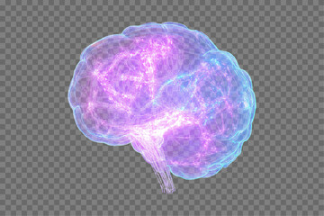 Futuristic AI brain with glowing neural network on transparent background

