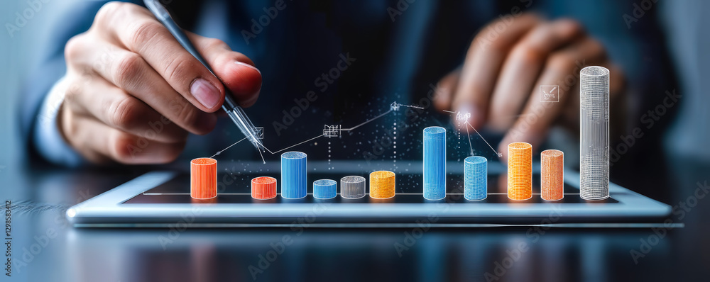 Poster business strategy concept with digital tablet displaying quality control and cost reduction graph fo