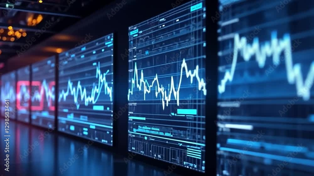 Aufkleber digital data display: a series of digital displays showcase intricate financial data and charts, pai