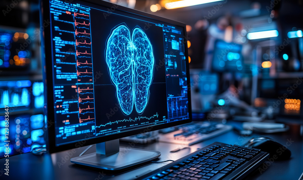 Poster advanced brain imaging on computer screen in a high-tech medical facility with data analytics for pa
