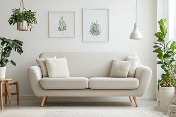 Modern living room with a comfortable light-colored sofa and greenery, creating a cozy atmosphere