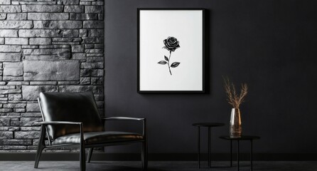 Contemporary Corner: A meticulously arranged living space exudes sophistication with dark-themed walls, an inviting armchair, minimalist decor.