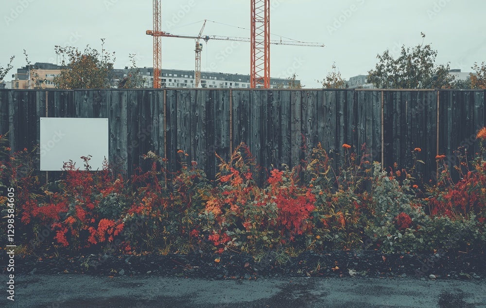 Poster in the background of a blank information board on a fence is a construction site with a new large bu