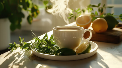 Ultimate Breakfast Shot with Fresh Herbs and Coffee