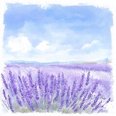 Obraz premium Serene Lavender Field Under a Bright Blue Sky Watercolor Painting