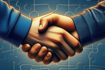 Two hands shaking, one with a blue sleeve and the other with a dark blue sleeve, set against a background of puzzle pieces fitting together.
