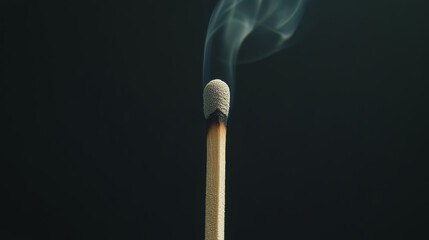 A matchstick stands upright with a charred tip, surrounded by wisps of gray smoke curling upwards
