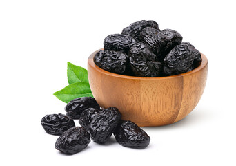Dried prunes in wooden bowl isolated on white.