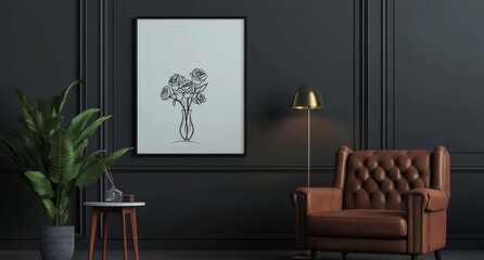 Elegant Living Room with Artwork: A sophisticated living room setting features a framed artwork, a comfortable armchair, and lush greenery, illuminated by a warm lamp.