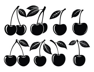 Set of Silhouetted Cherries with Leaves