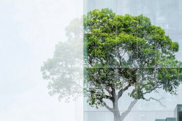Obraz premium A modern building set against a backdrop of a green tree, merged in a double exposure to represent the harmony of nature and urban development