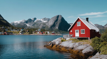 Fototapeta premium A striking red cabin sits by a calm lake surrounded by rocky shores and towering mountains. The bright blue sky above enhances the tranquil atmosphere of this remote Norwegian landscape
