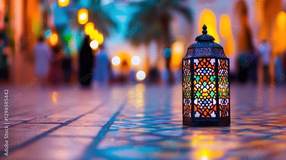 Poster elegant lantern with intricate arabesque patterns illuminating a pathway
