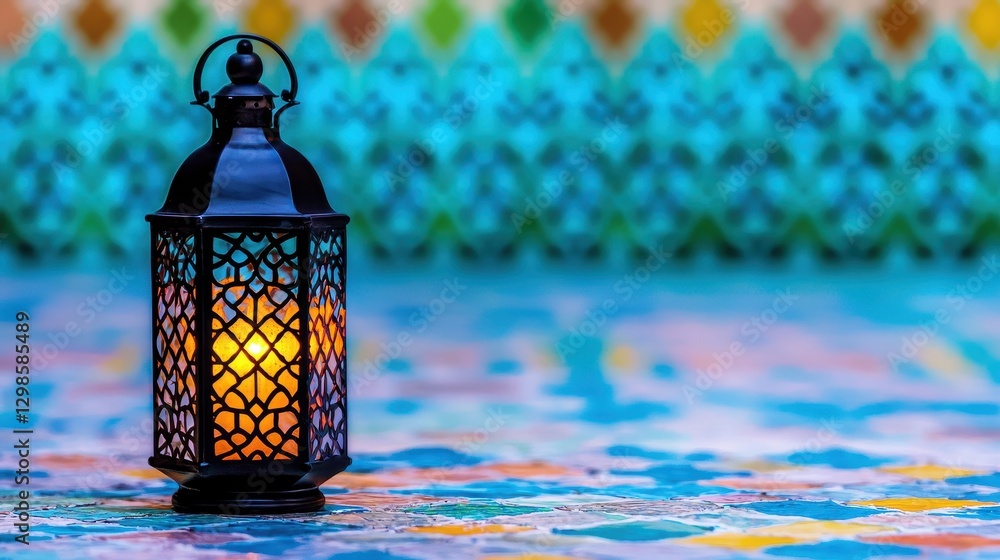Poster elegant lantern with intricate arabesque patterns against colorful background