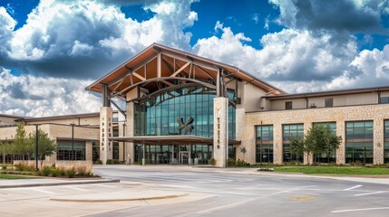 A contemporary school is distinguished by its impressive architectural style, which incorporates bold lines and a unique, functional layout