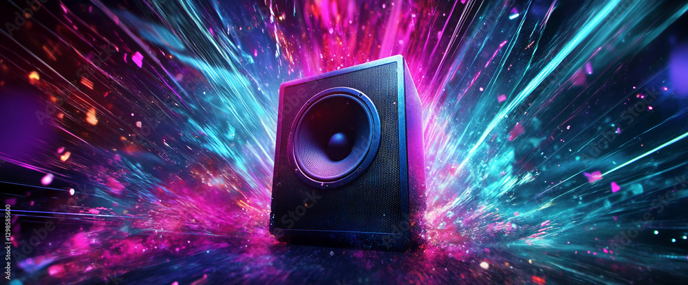 Poster a powerful speaker surrounded by bright, dynamic light streaks and particles, symbolizing the energy