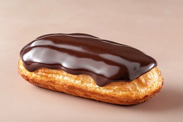 Delicious eclair with glossy chocolate topping, showcasing rich