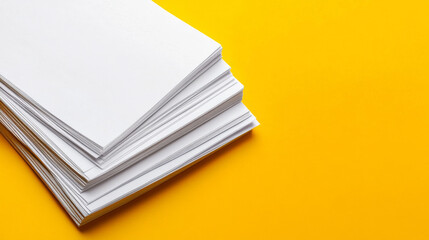 A stack of blank white sheets is neatly organized on a bright yellow backdrop, providing a vibrant contrast. This setting is ideal for various creative projects and office tasks