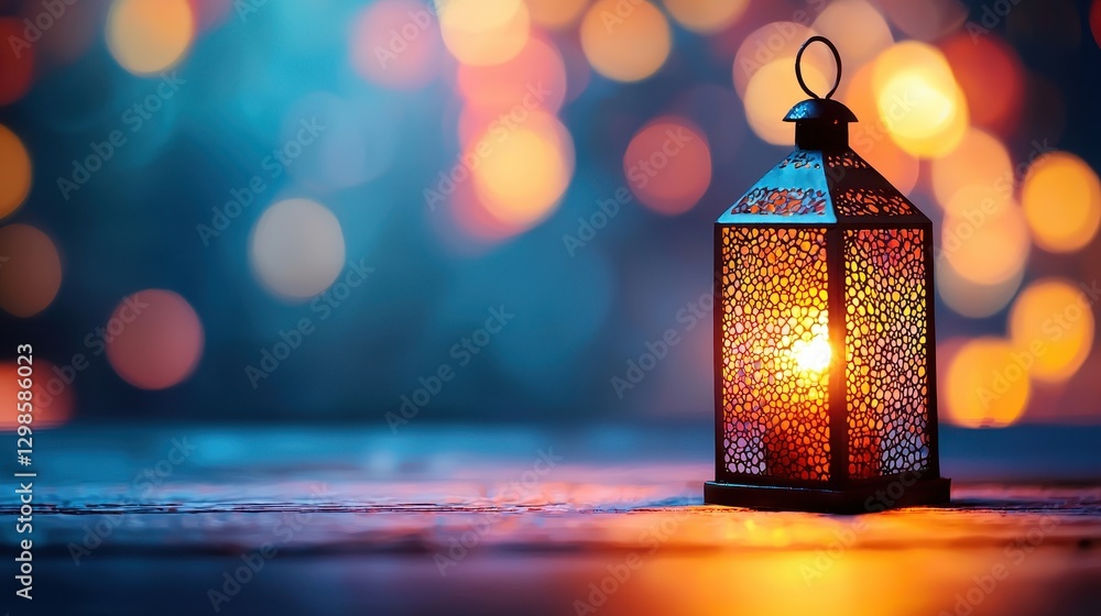 Poster spiral arrangement of small glowing lanterns with bokeh background