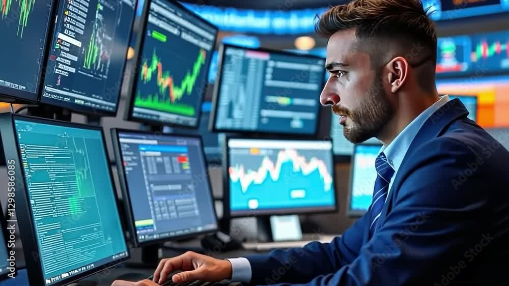 Poster focused trader: a concentrated young male trader intently monitors multiple computer screens display