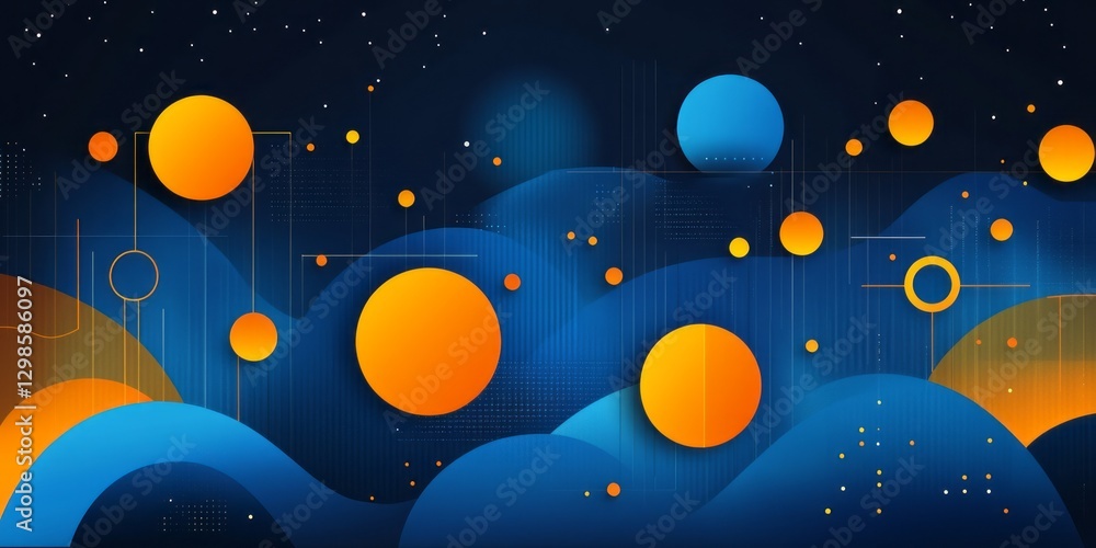 Poster abstract design with blue waves and orange circular objects