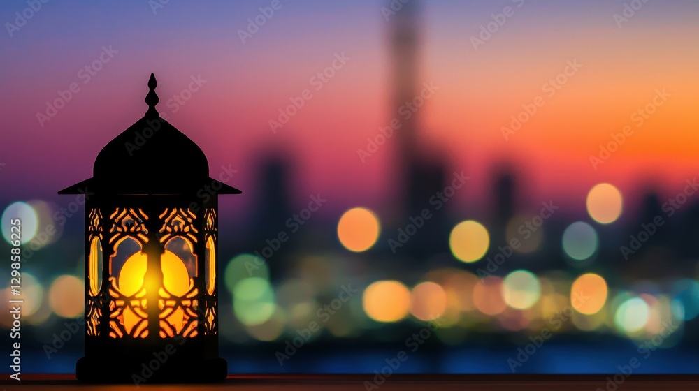 Poster artistic depiction of a single glowing lantern floating at dusk