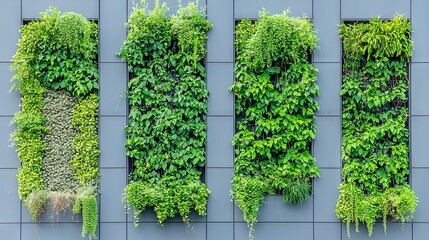 The photograph displays a modern building facade fully enveloped in vertical gardens, showing the seamless integration of urban construction and natural elements