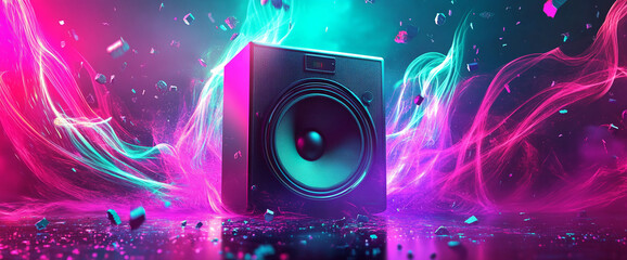 A powerful speaker surrounded by vibrant color streaks and dynamic particles, showcasing energy, sound waves, and high-fidelity audio in a digital, futuristic design.