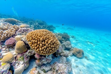 Fototapeta premium A peaceful lagoon reef filled with diverse corals, small sharks, and schools of fish