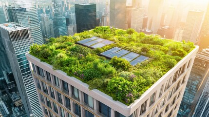 The cityscape of a vibrant urban area incorporates eco-friendly green roof technology