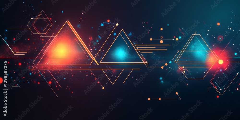 Poster abstract geometric design featuring triangles hexagons and glowing particles