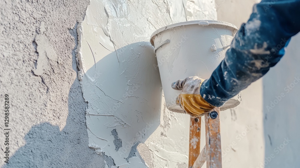 Poster an individual engaged in construction is applying a layer of paint to the exterior of a building tha