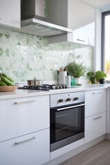 White kitchen with wooden floors oven appliance cabinet.
