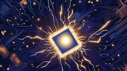 Computer Processor Chip Circuit Board with Electric Sparks Lightning Digital Technology Pixel Art 8bit Blue Electronic Illustration