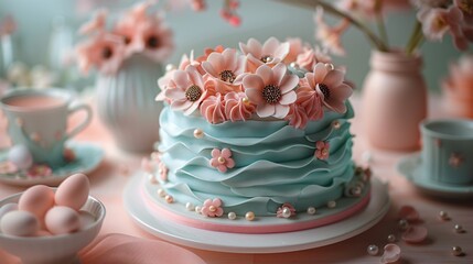 Fototapeta premium Cute birthday cake with flower decoration 