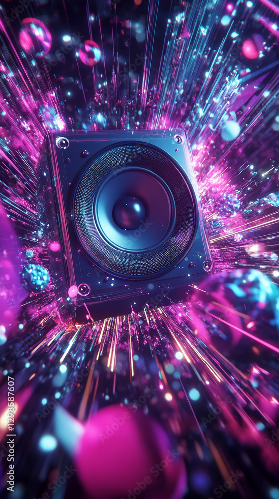 Poster A close-up of a speaker with dynamic light effects and colorful bokeh particles, symbolizing sound energy, motion, and vibrant music experiences in a digital universe.