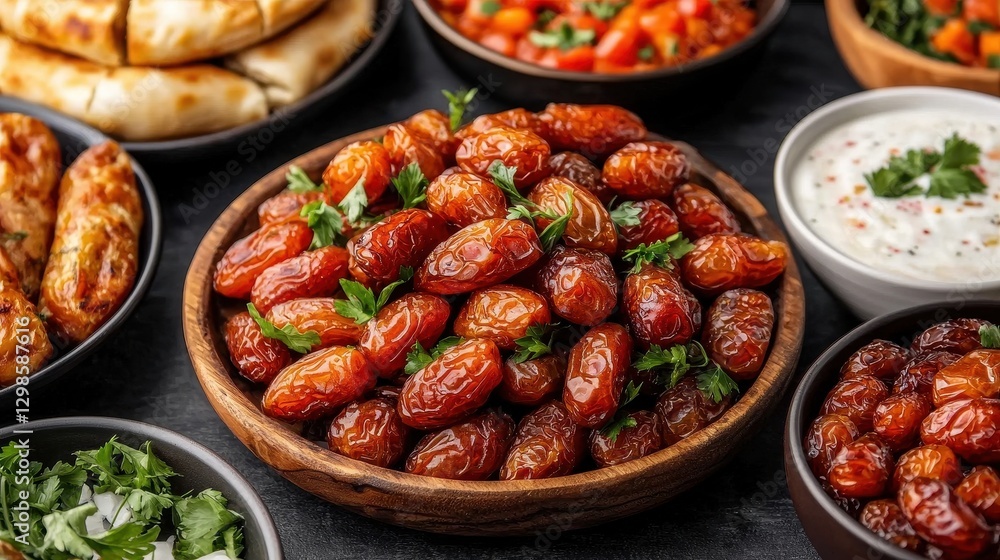Poster close-up of assorted dates arranged in wooden tray on dark surface