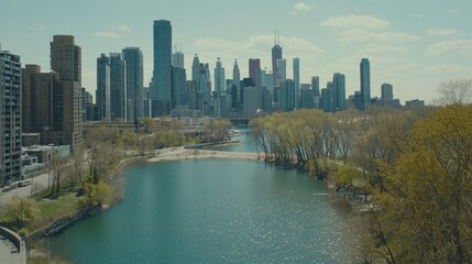 Obraz premium An aerial view captures Calgary's skyline on a beautiful summer evening as the sun sets on July 10, 2024, in Alberta, Canada