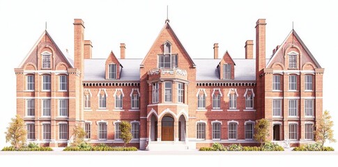 Fototapeta premium A traditional two-story brick building in PNG features transparent shrubs