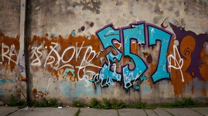 Naklejka premium a grungy urban wall with peeling paint, graffiti tags, and rust stains