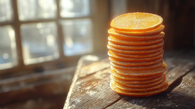 Sunlit sugared orange slices on rustic wood, winter window
