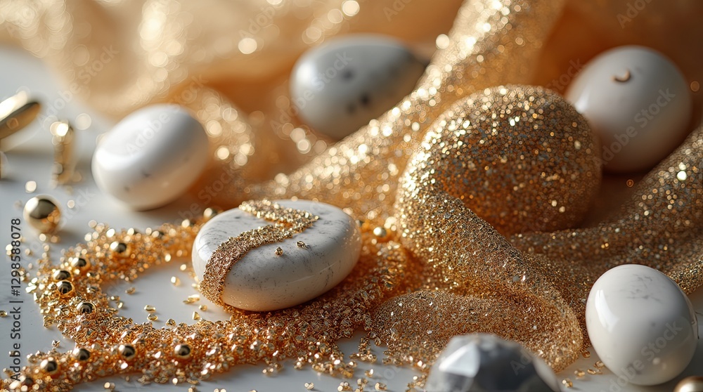 Poster A gold and white object is on a table with other gold and white objects
