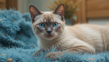 Blue-Eyed Cat Resting on a Cozy Blanket