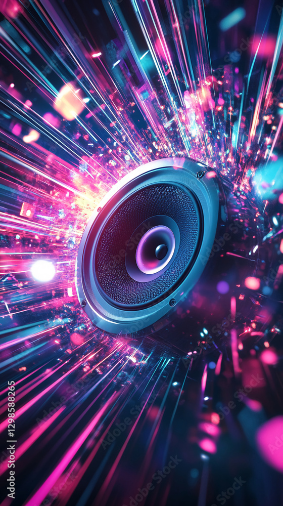 Poster a close-up view of a high-quality speaker surrounded by colorful light trails and sparkling particle