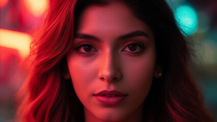 Obraz premium Portrait of a young woman with striking features illuminated by neon lights in an urban setting at night