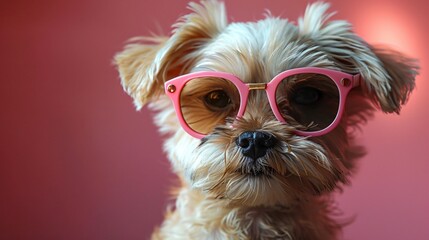 Cute puppy Maltese dog wearing pink fashion goggle
