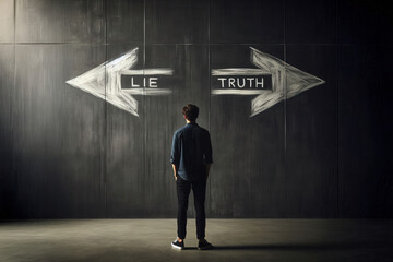 A person stands in front of a dark grey wall with two chalk-drawn arrows: one labeled 'LIE' and the other 'TRUTH.' A thought-provoking image symbolizing the choice between deception and honesty.