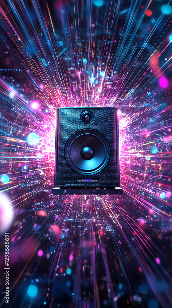 Poster close-up of a high-end speaker surrounded by vibrant glowing light trails and sparkling particles, r