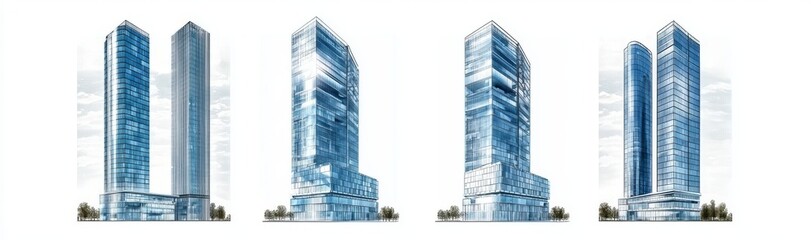 Fototapeta premium A collection of realistic tall office building images set against white or transparent backgrounds
