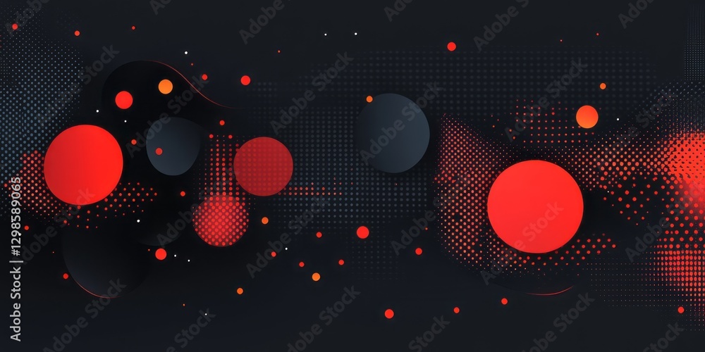 Poster Abstract composition featuring dark gradients red circles and halftone patterns